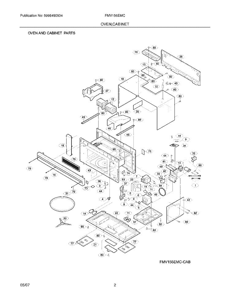 OVEN / CABINET Diagram and Parts List for FMV156EMC  Frigidaire Microwave