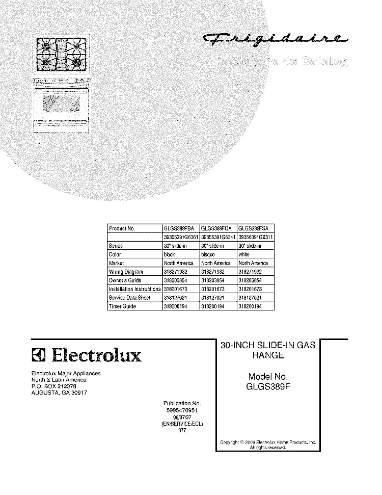 COVER Diagram and Parts List for GLGS389FSA  Frigidaire Range