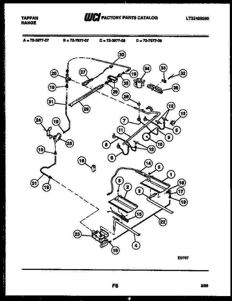 BURNER, MANIFOLD AND GAS CONTROL Diagram and Parts List for 72-3977-00-08  Tappan Range