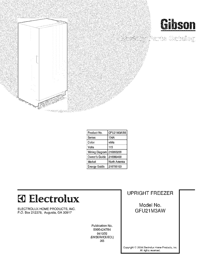 COVER Diagram and Parts List for GFU21M3AW6  Gibson Freezer