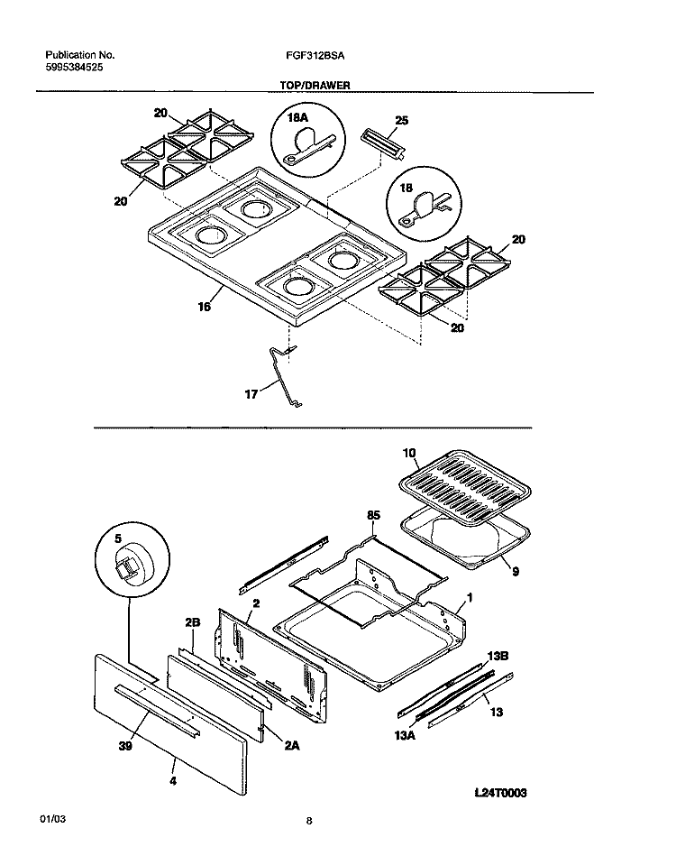 TOP / DRAWER Diagram and Parts List for FGF312BSA  Frigidaire Range