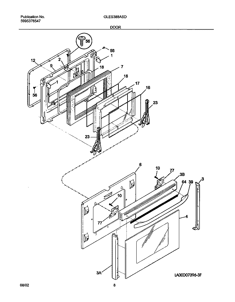 DOOR Diagram and Parts List for GLES388ASD  Frigidaire Range