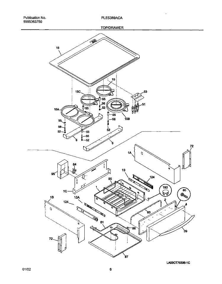 TOP / DRAWER Diagram and Parts List for PLES389ACA  Frigidaire Range