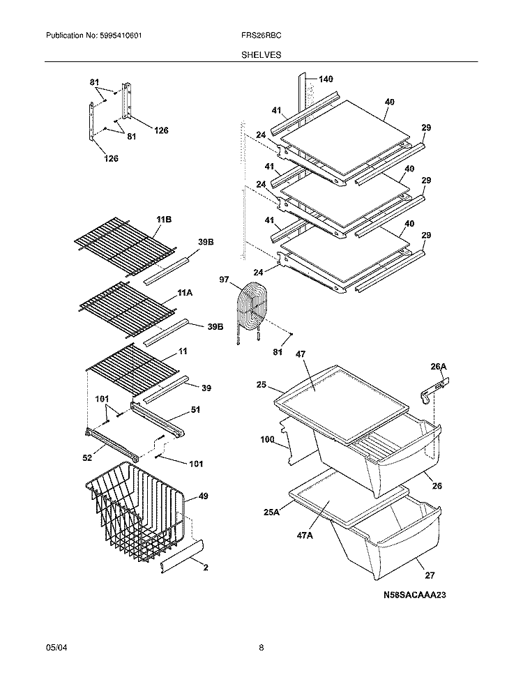 SHELVES Diagram and Parts List for FRS26RBCW4  Frigidaire Refrigerator