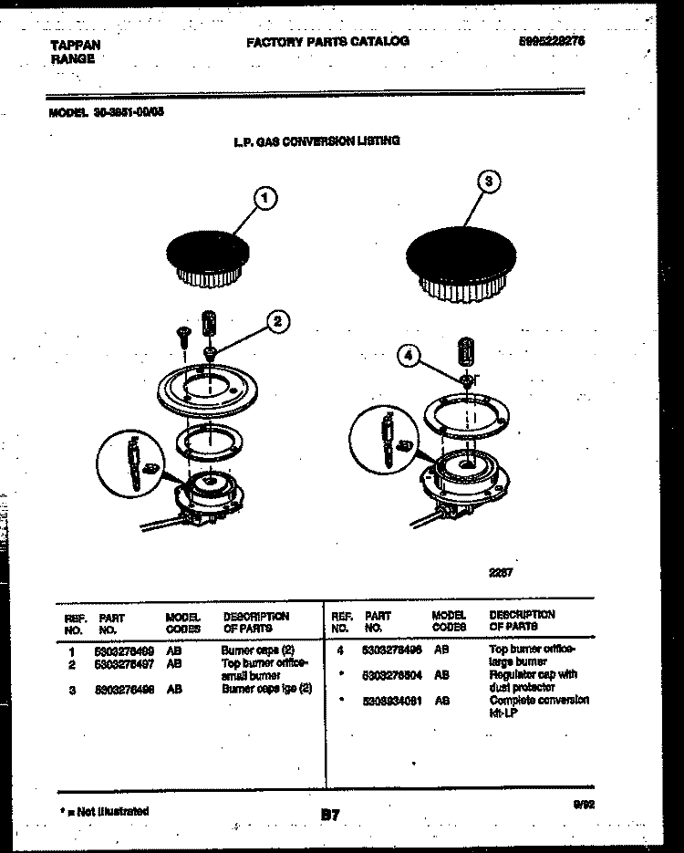 BURNER PARTS Diagram and Parts List for 30-3851-23-05  Tappan Range