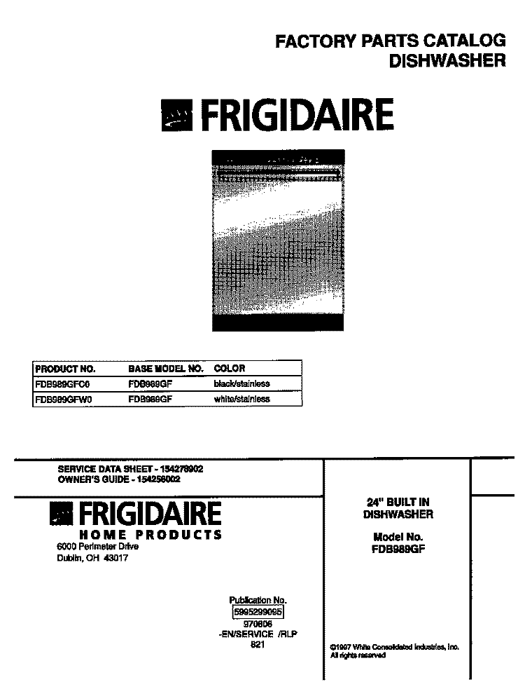 COVER Diagram and Parts List for FDB989GFW0  Frigidaire Dishwasher