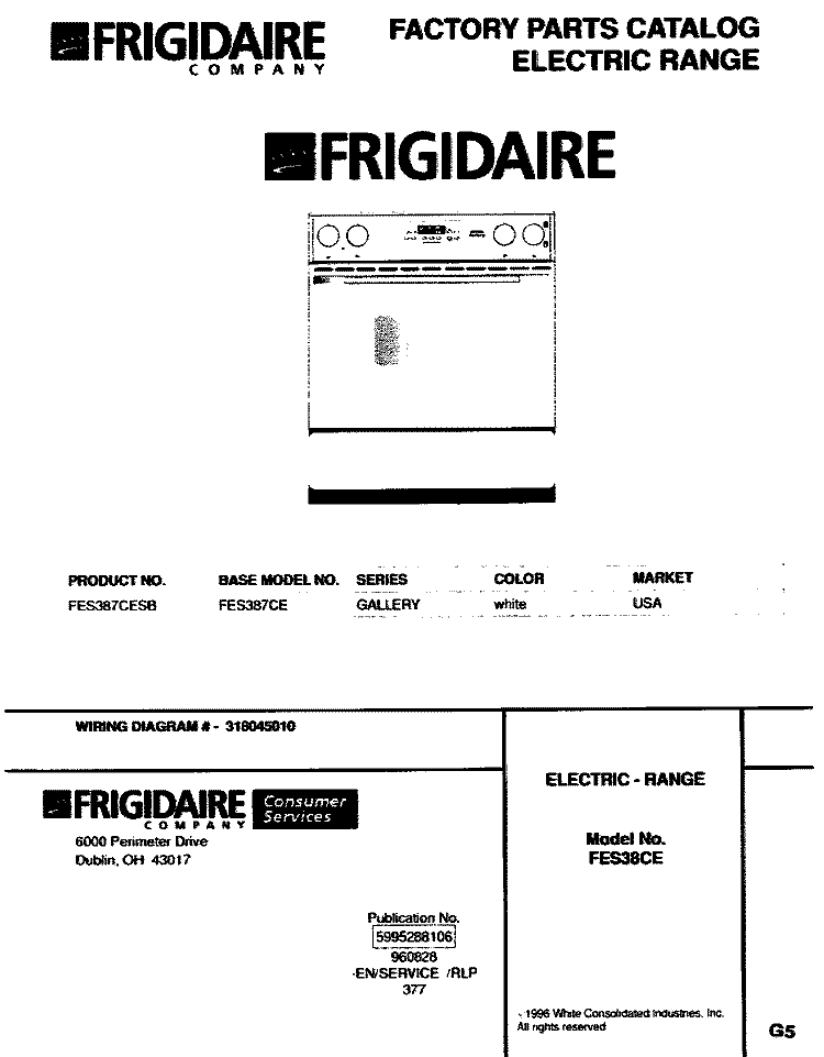 COVER Diagram and Parts List for FES387CESB  Frigidaire Wall Oven