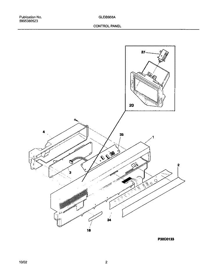 CONTROL PANEL Diagram and Parts List for GLDB958AB2  Frigidaire Dishwasher