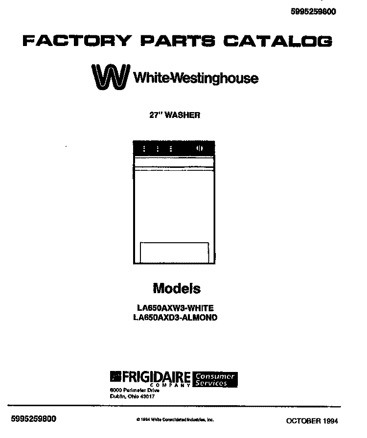 WASHER, 27`` Diagram and Parts List for LA650AXW3  Frigidaire Washer