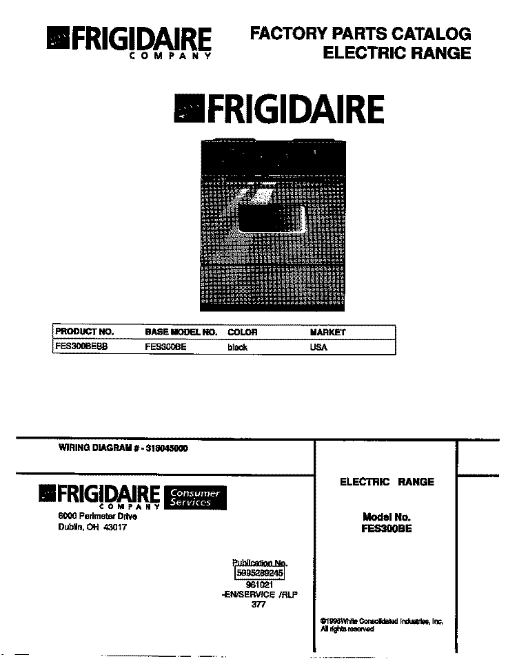 COVER Diagram and Parts List for FES300BEBB  Frigidaire Range