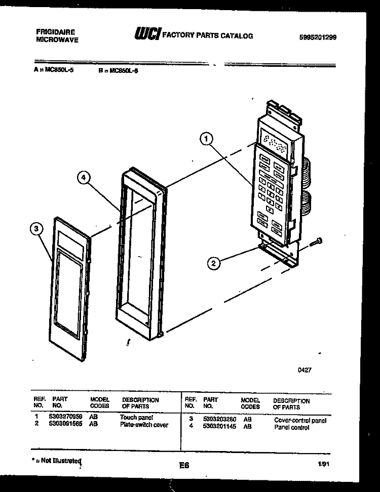 CONTROL PANEL Diagram and Parts List for MC850L6  Frigidaire Microwave