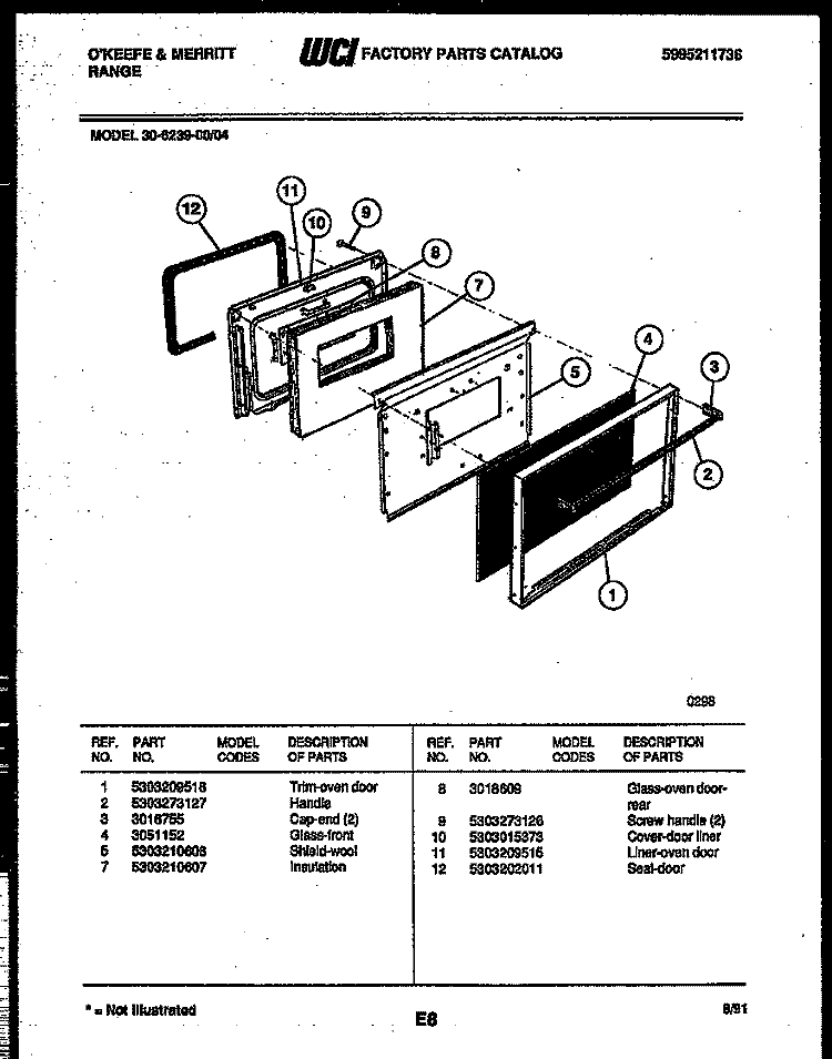 DOOR PARTS Diagram and Parts List for 30-6239-23-04  Tappan Range