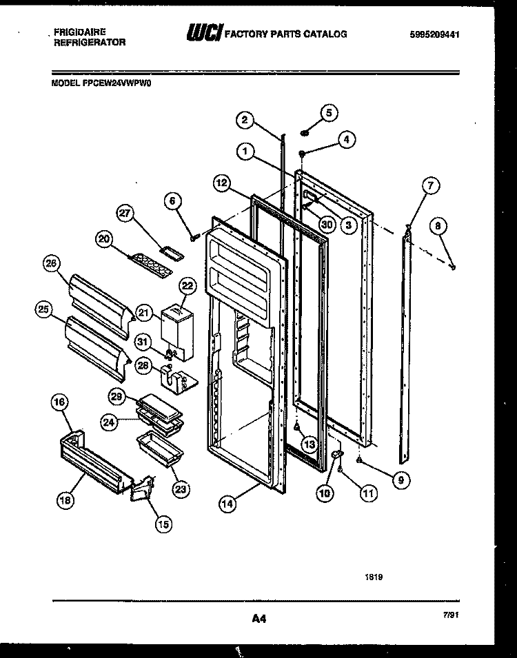 REFRIGERATOR DOOR PARTS Diagram and Parts List for FPCEW24VWPW0  Frigidaire Refrigerator