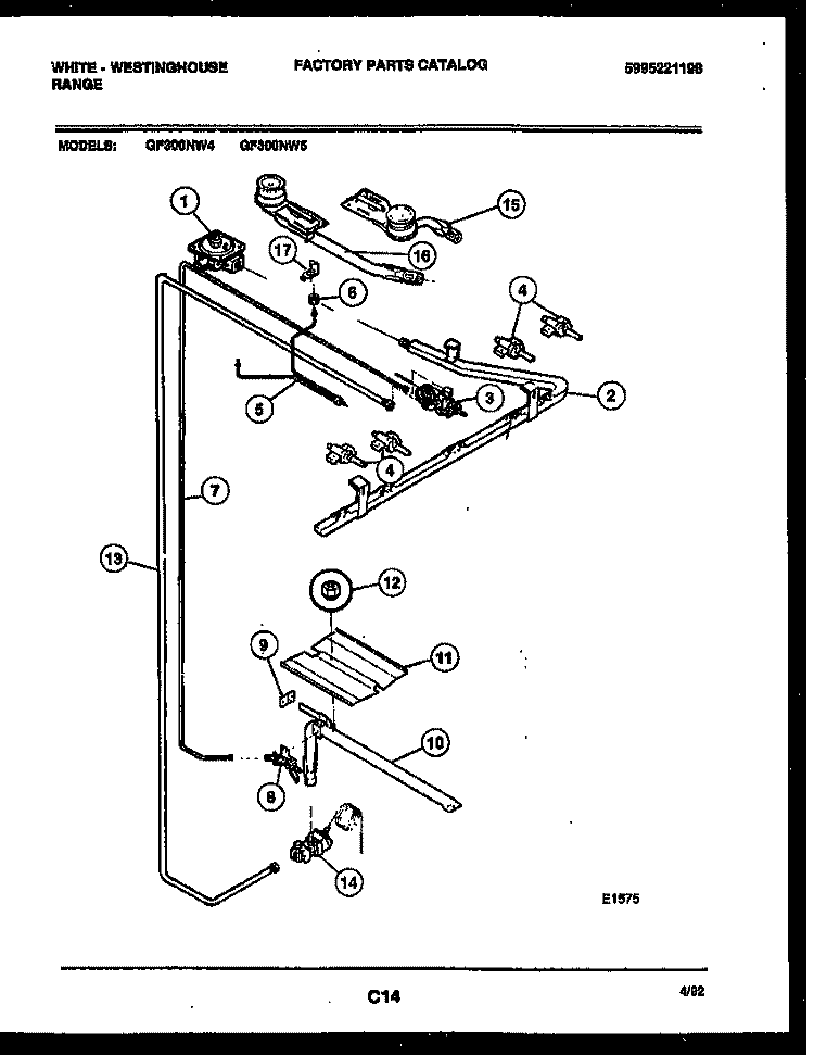 BURNER, MANIFOLD AND GAS CONTROL Diagram and Parts List for GF300NW5  Frigidaire Range