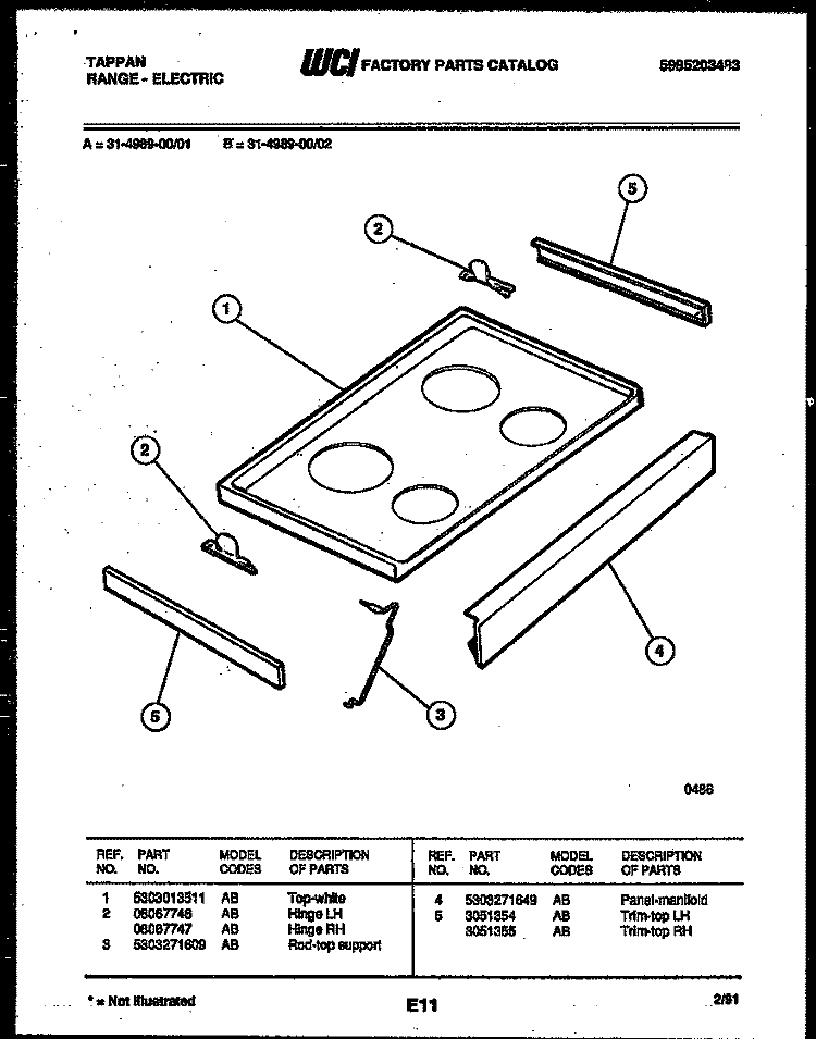 COOKTOP PARTS Diagram and Parts List for 31-4989-00-02  Tappan Range