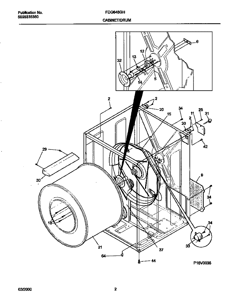 P16V0036 DRY CAB, HEATER Diagram and Parts List for FDG648GHT0  Frigidaire Dryer