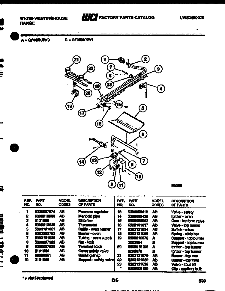 BURNER, MANIFOLD AND GAS CONTROL Diagram and Parts List for GF600KXD0  Frigidaire Range