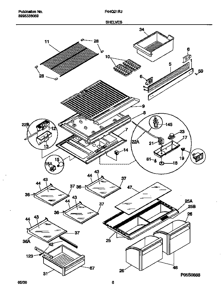 SHELVES Diagram and Parts List for F44Q21RJD0  Frigidaire Refrigerator