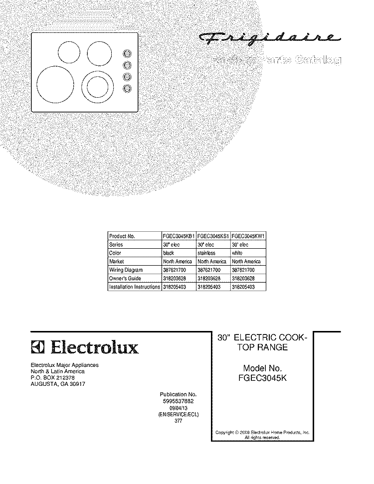 COVER Diagram and Parts List for FGEC3045KB1  Frigidaire Cooktop