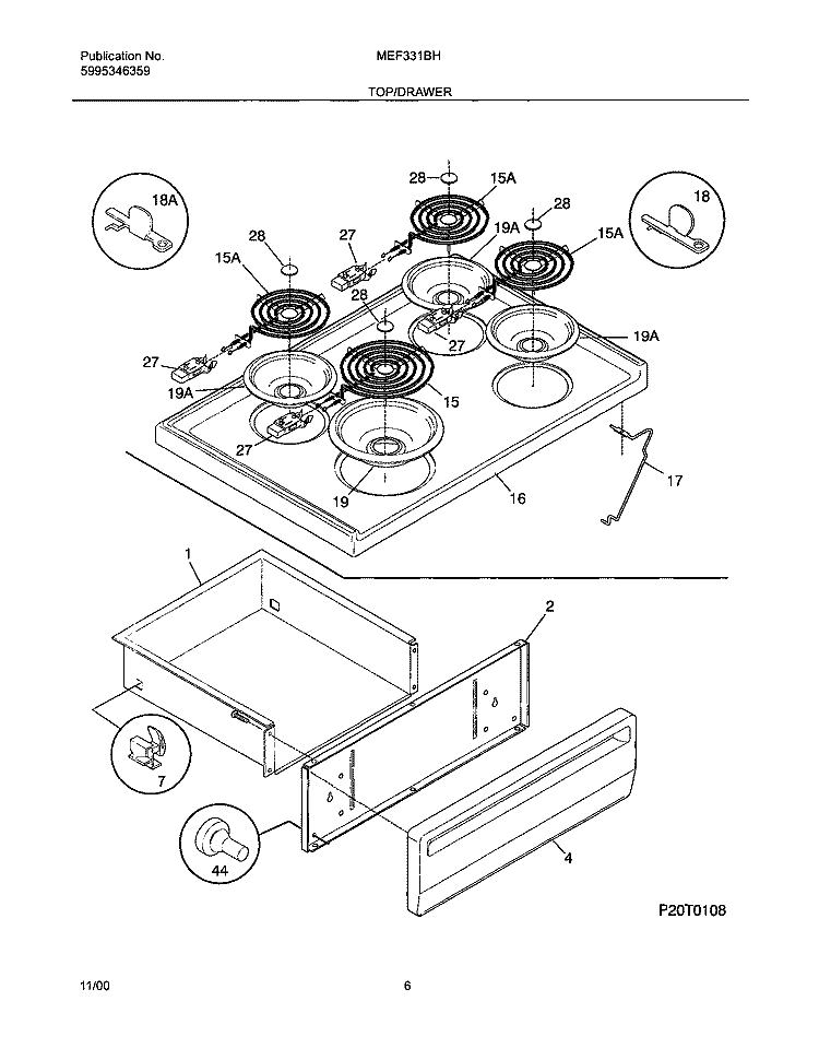 TOP / DRAWER Diagram and Parts List for MEF331BHWB  Uni Range