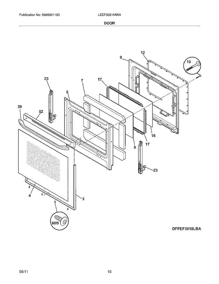 DOOR Diagram and Parts List for LEEF3021MWA  Frigidaire Range