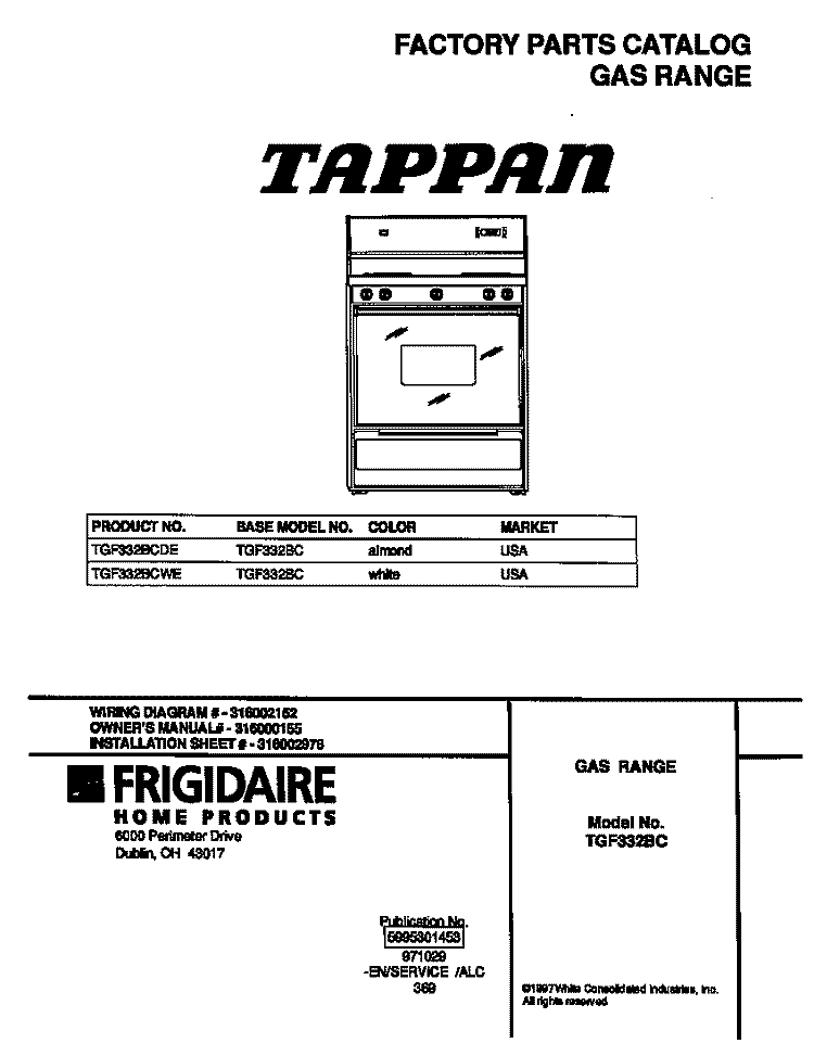 COVER Diagram and Parts List for TGF332BCDE  Tappan Range