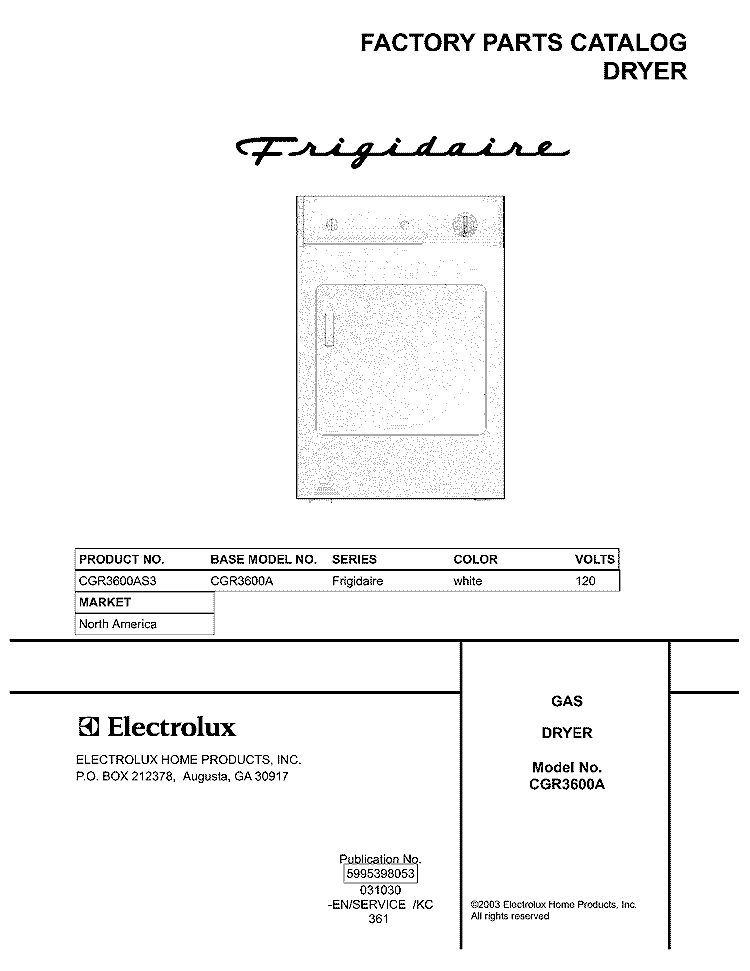 COVER Diagram and Parts List for CGR3600AS3  Frigidaire Dryer