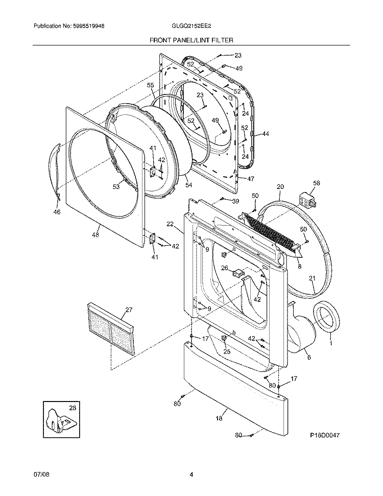 FRONT PANEL/LINT FILTER Diagram and Parts List for GLGQ2152EE2  Frigidaire Dryer