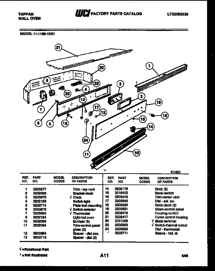 CONTROL PANEL Diagram and Parts List for 11-1159-00-01  Tappan Wall Oven