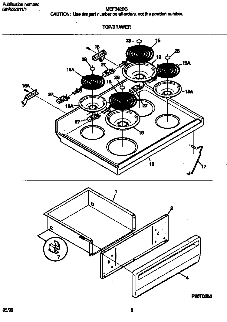 TOP / DRAWER Diagram and Parts List for MEF342BGWD  Frigidaire Range