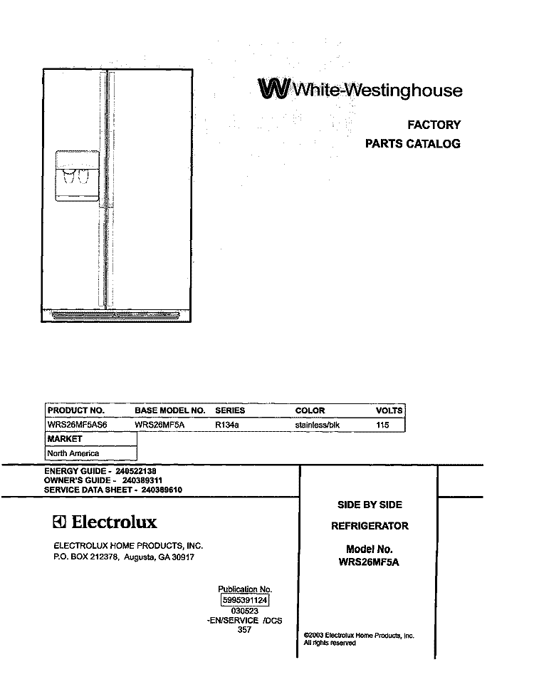 COVER Diagram and Parts List for WRS26MF5AS6  Westinghouse Refrigerator