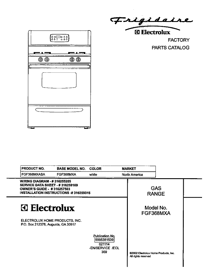 COVER Diagram and Parts List for FGF368MXASA  Frigidaire Range