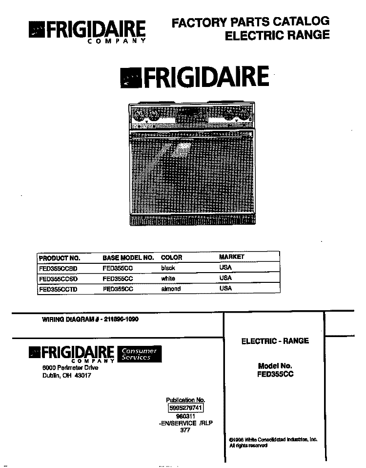 COVER Diagram and Parts List for FED355CCTD  Frigidaire Range