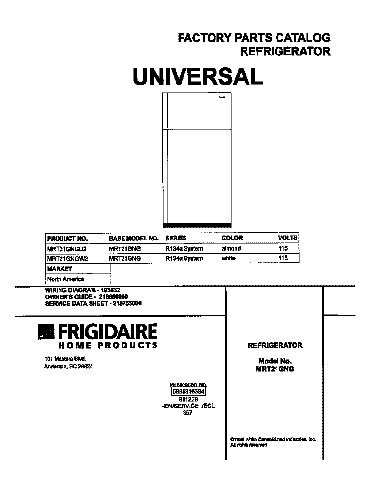 COVER Diagram and Parts List for MRT21GNGD2  Frigidaire Refrigerator