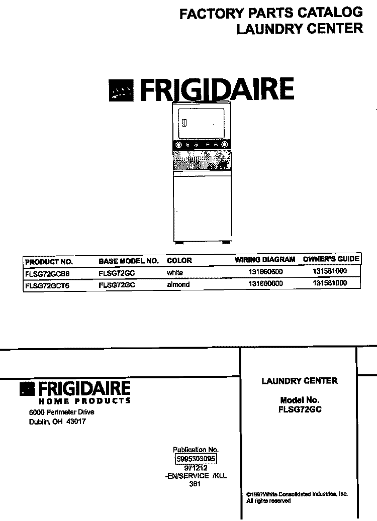 COVER Diagram and Parts List for FLSG72GCS6  Frigidaire Washer Dryer Combo