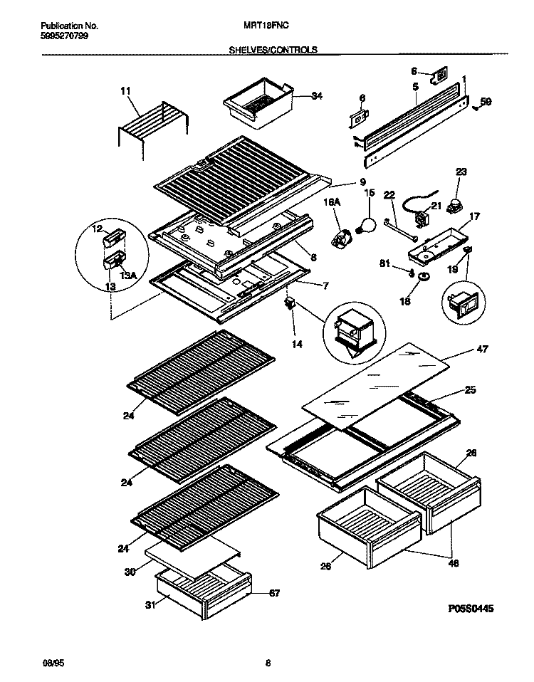 SHELVES / CONTROLS Diagram and Parts List for MRT18FNCD1  Frigidaire Refrigerator