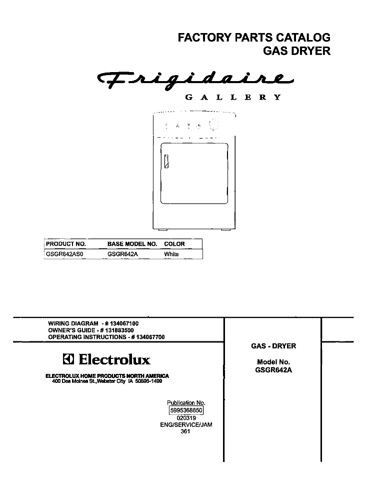 COVER Diagram and Parts List for GSGR642AS0  Frigidaire Dryer