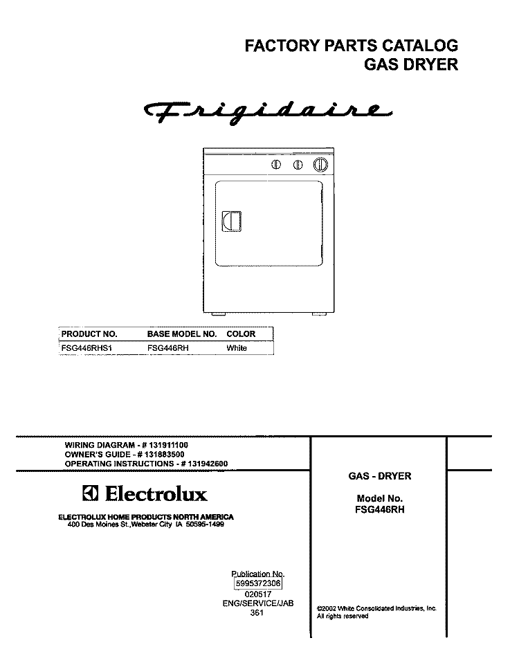 COVER Diagram and Parts List for FSG446RHS1  Frigidaire Dryer