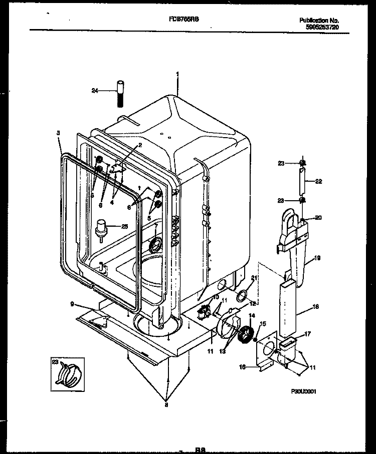 TUB AND FRAME PARTS Diagram and Parts List for FDB765RBS0  Frigidaire Dishwasher