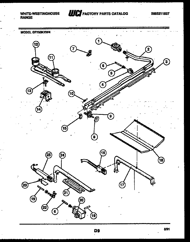 BURNER, MANIFOLD AND GAS CONTROL Diagram and Parts List for GF780KXD4  Frigidaire Range