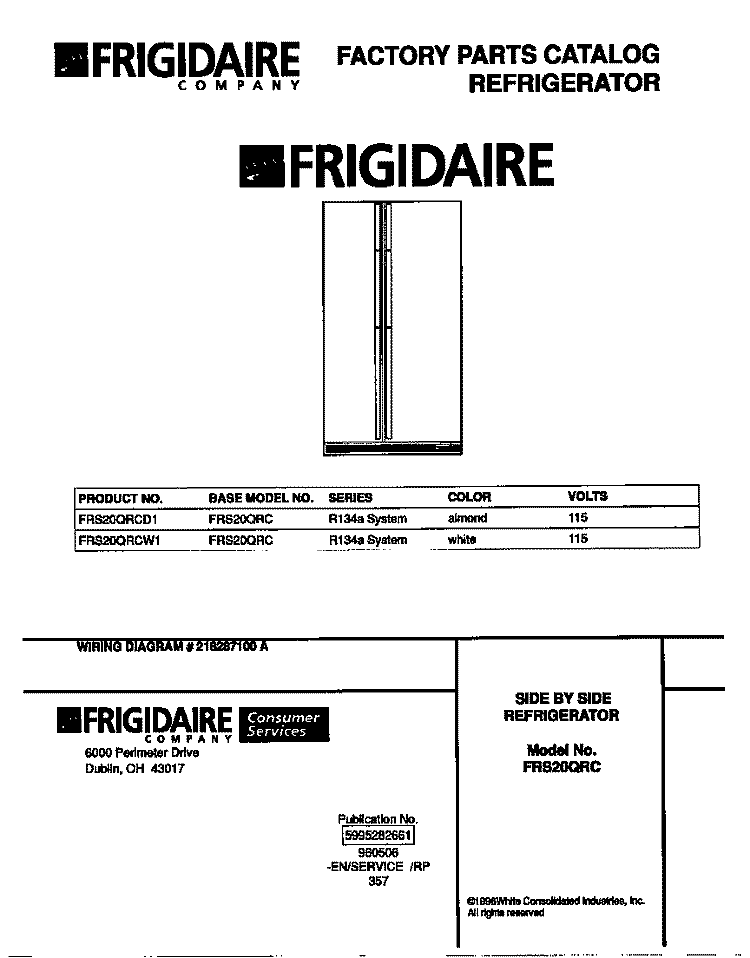 COVER Diagram and Parts List for FRS20QRCW1  Frigidaire Refrigerator