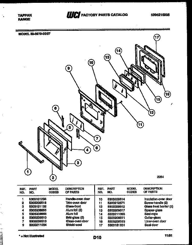 DOOR PARTS Diagram and Parts List for 30-3979-00-07  Tappan Range