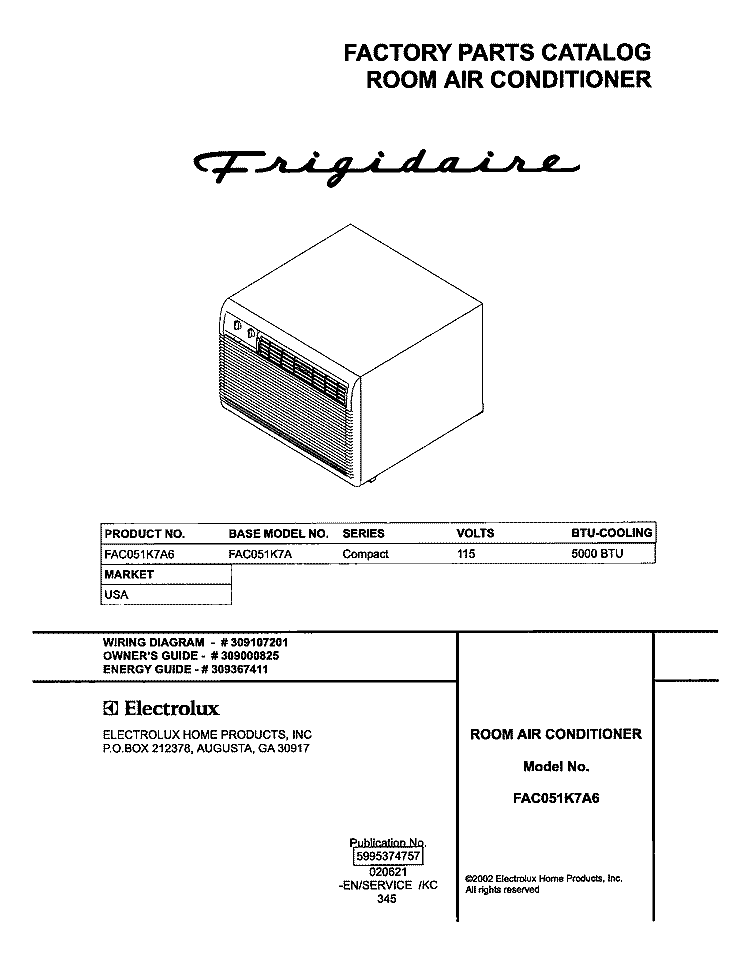 COVER Diagram and Parts List for FAC051K7A6  Frigidaire Air Conditioner