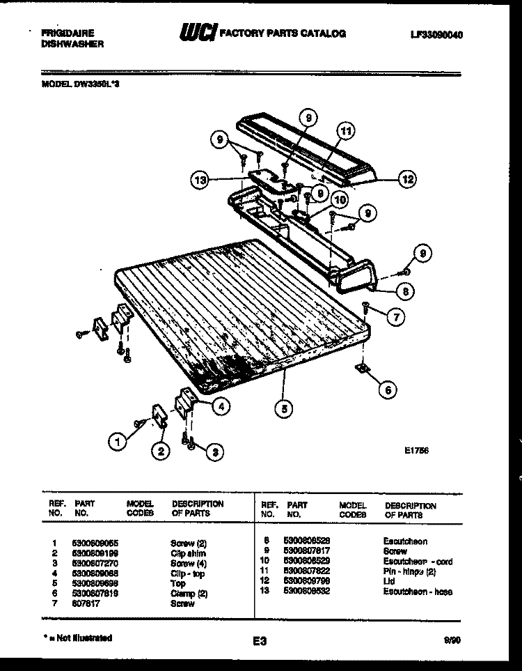 TOP AND MISCELLANEOUS PARTS Diagram and Parts List for DW3350LW3  Frigidaire Dishwasher
