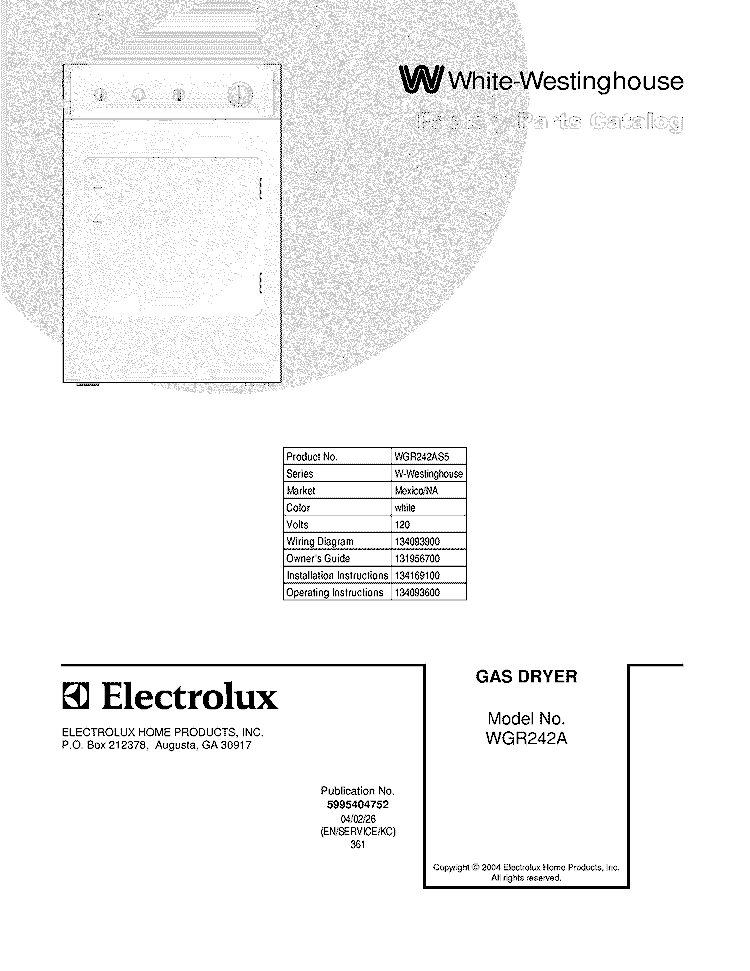 COVER Diagram and Parts List for WGR242AS5  Westinghouse Dryer