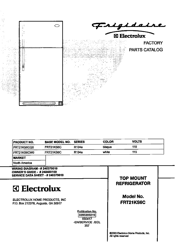 COVER Diagram and Parts List for FRT21KS6CW0  Frigidaire Refrigerator