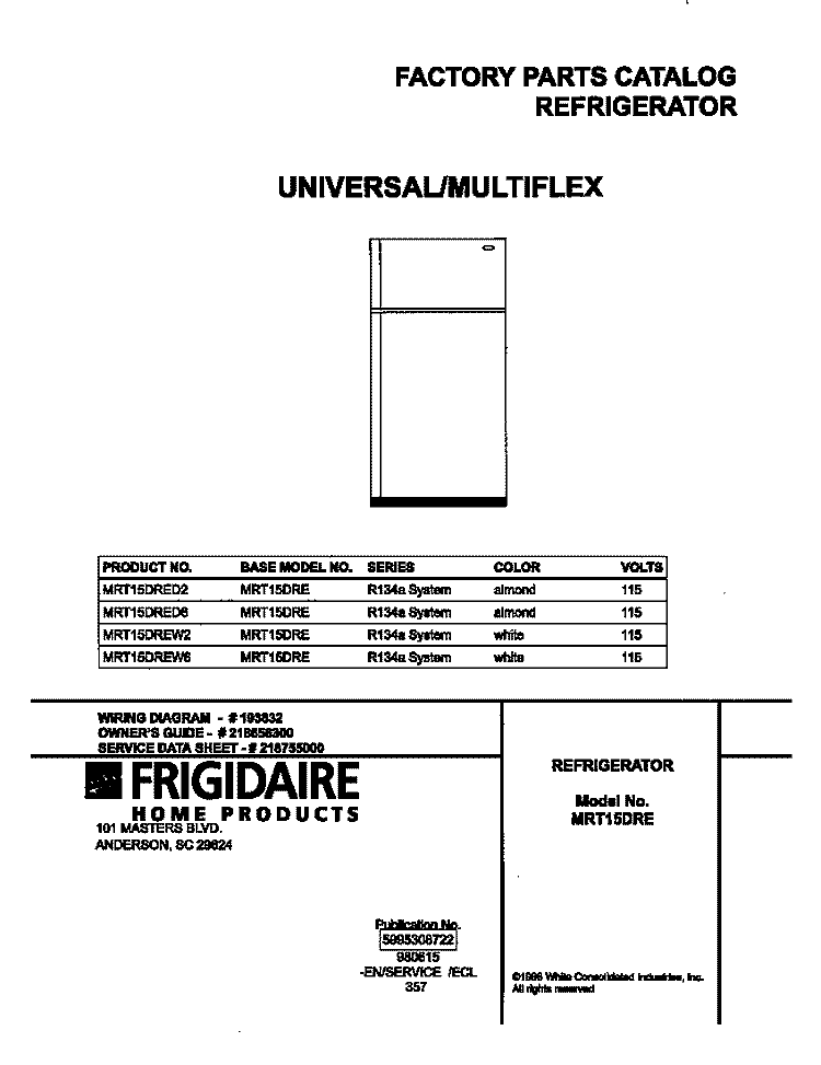 COVER Diagram and Parts List for MRT15DREW6  Uni Refrigerator