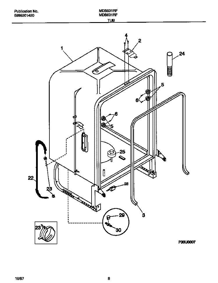 TUB Diagram and Parts List for MDB531RFR3  Frigidaire Dishwasher