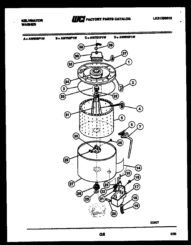 TUB DETAIL Diagram and Parts List for AW600F1D  Kelvinator Washer