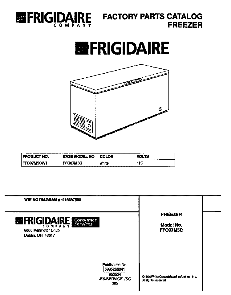COVER Diagram and Parts List for FFC07M5CW1  Frigidaire Freezer